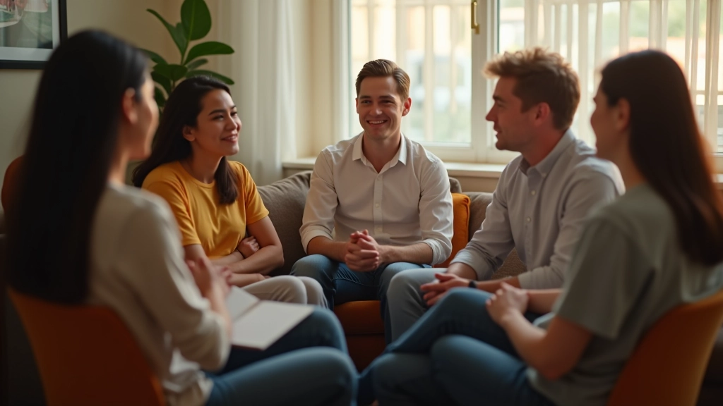 People sitting together in a supportive group circle, having meaningful conversation in a warm community setting
