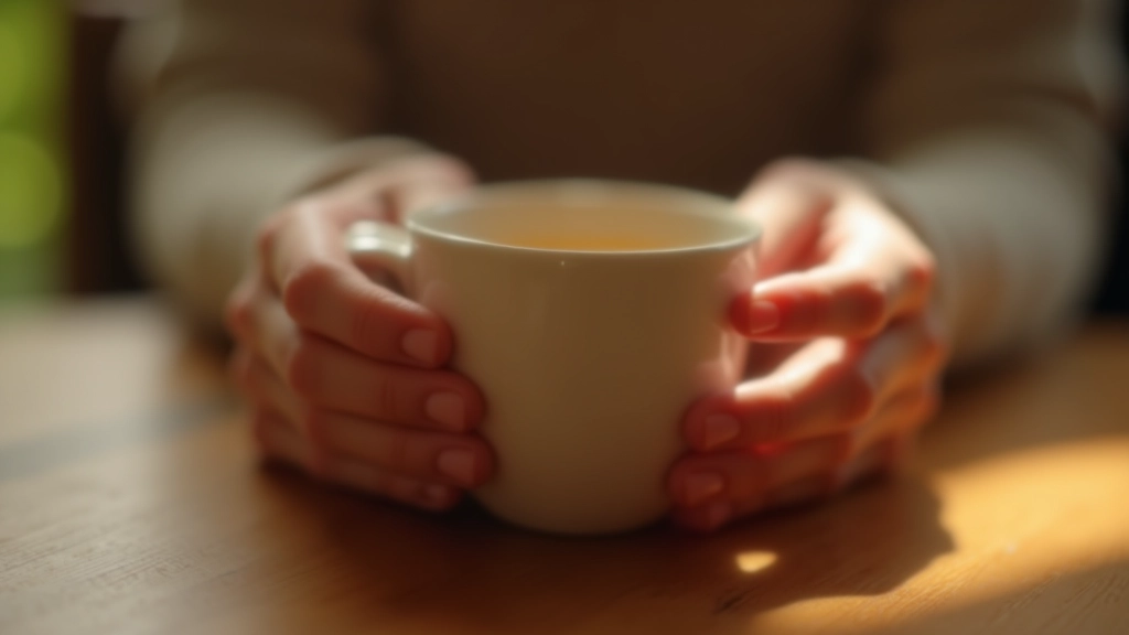 Hands holding warm cup of tea, cozy indoor setting, soft afternoon light, mindful moment captured