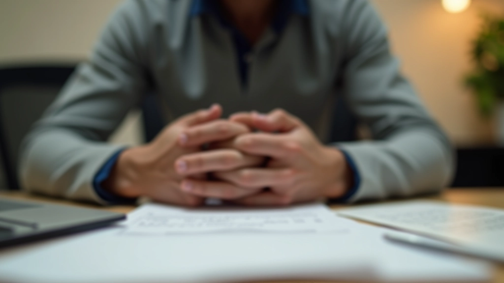Person's hands showing tension with visible stress markers, close-up of hands at desk with papers and coffee cup, warm office lighting, sharp focus
