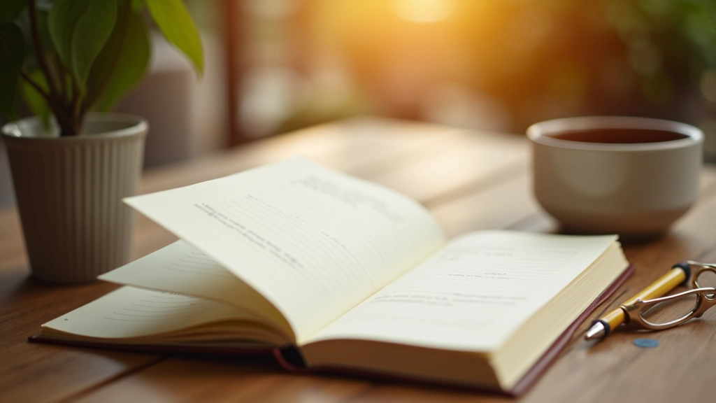 Open journal with handwriting and pen on wooden table, morning coffee nearby, warm natural lighting, organized workspace, close-up detail of writing, sharp focus
