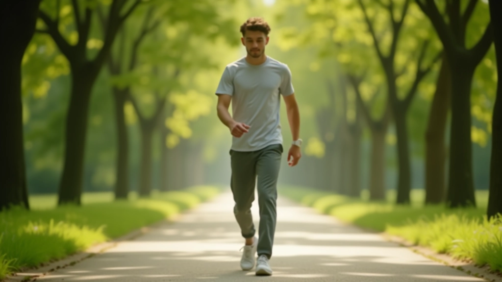Person walking peacefully through a garden with green plants and natural light, demonstrating calm mindfulness