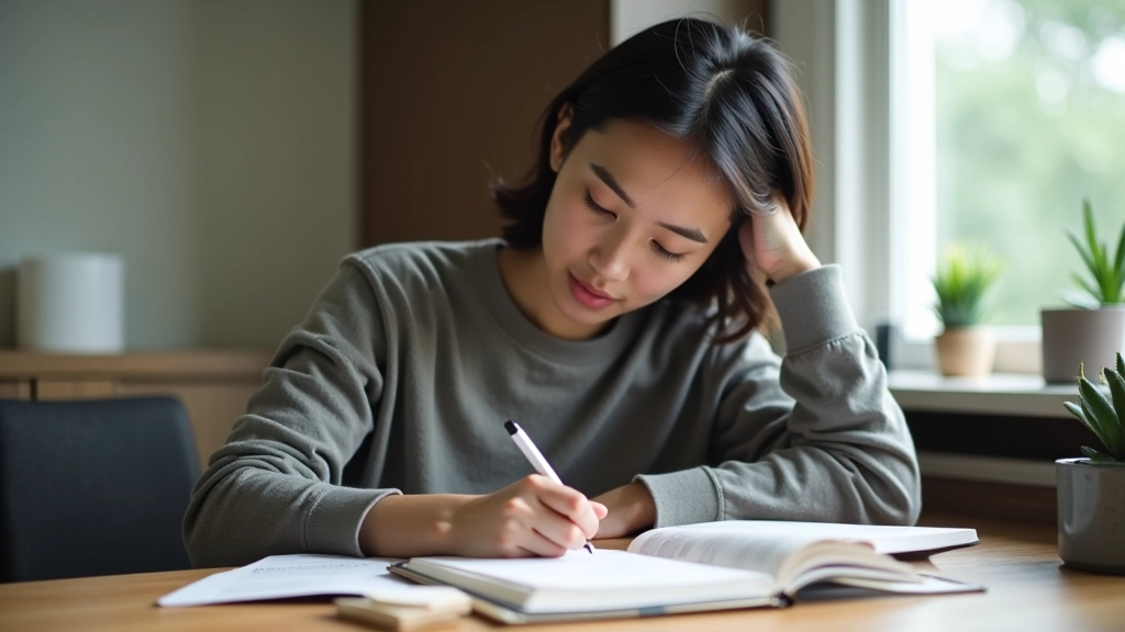Person writing in journal with thoughtful expression, sitting at desk with notebook and pen