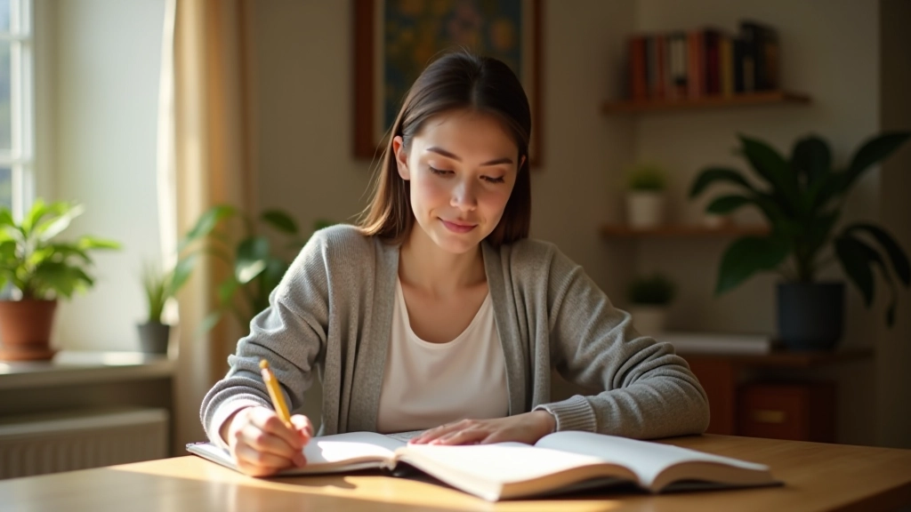 Person writing in journal at a wooden table, morning light through window, peaceful workspace, close focus on journal pages