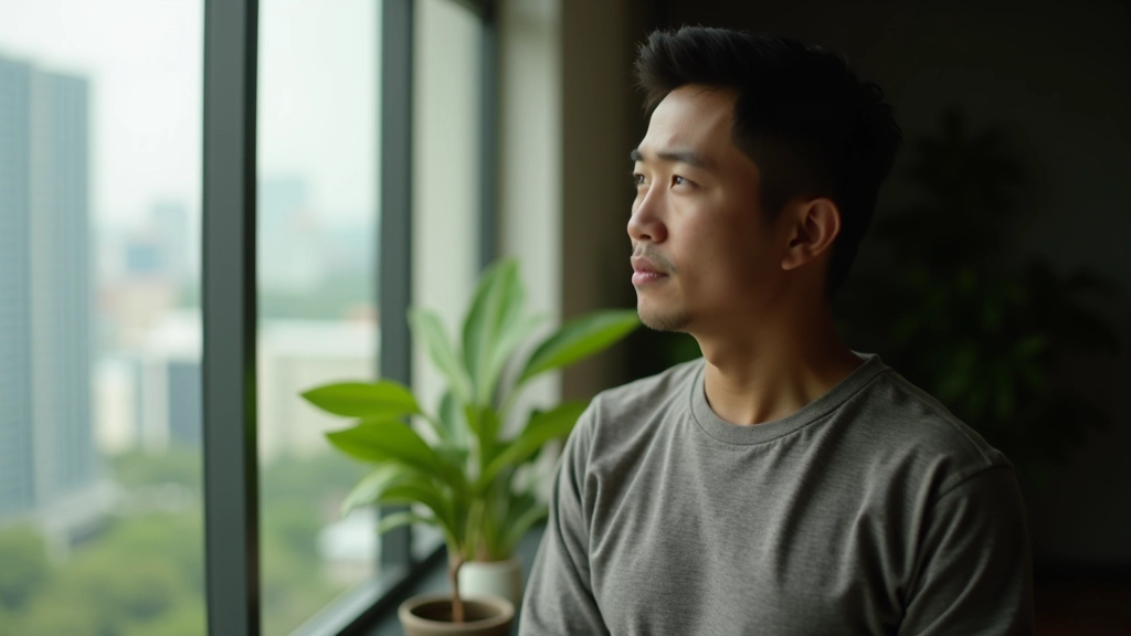 Person looking out window with thoughtful expression, natural light on face, urban apartment setting, minimalist room with plants, contemplative mood, sharp focus