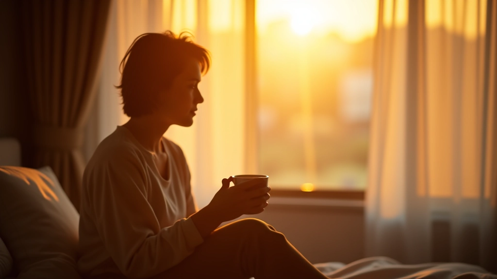 Sunrise through bedroom window, person sitting on bed holding warm beverage, peaceful morning moment