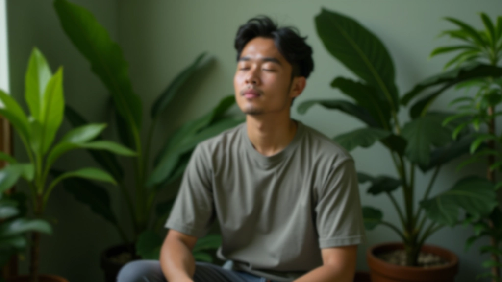 Person meditating in quiet corner with natural plants, calm peaceful expression, serene home environment