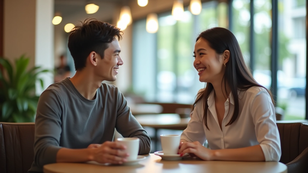 Two people having coffee conversation at a table in a modern Petaling Jaya café, relaxed friendly atmosphere