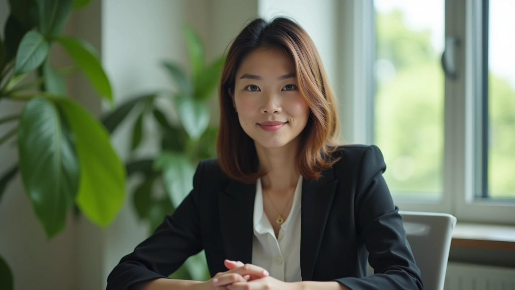 Woman in professional attire sitting at modern workspace with plants and natural light, calm focused expression, contemporary office setting, bright ambient lighting